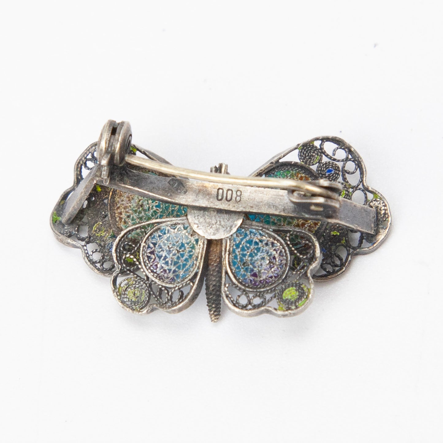 Vintage 800 Silver Filigree Enamel Butterfly Brooch Pin 1 1/8 Inch