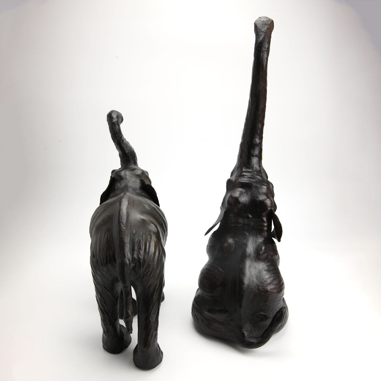 2 Vintage Leather Wrapped Paper Mache Elephant Figures with Leather Ears