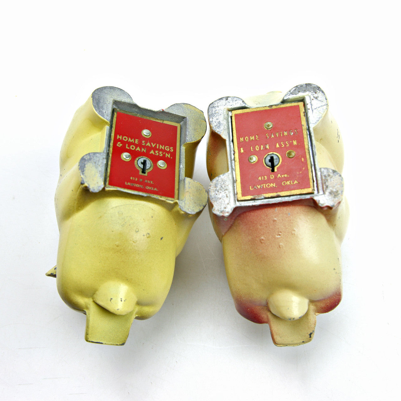 2 Vintage Cast Iron Piggy Banks Home Savings Lawton, OK