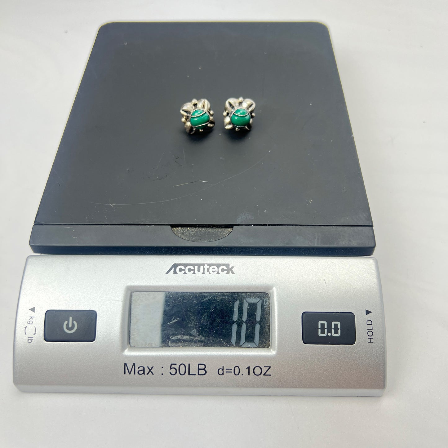 Mid Century Mexico Sterling Silver Green Onyx Floral Screw Back Earrings