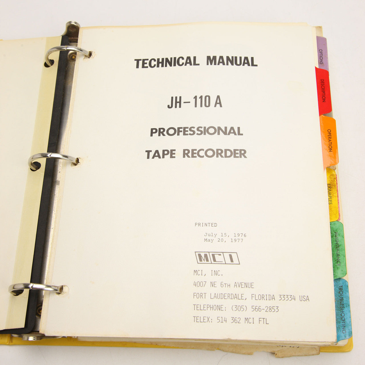 MCI JH-10A Professional Tape Recorder Technical Manual
