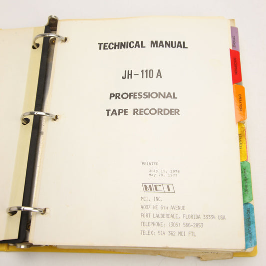 MCI JH-10A Professional Tape Recorder Technical Manual
