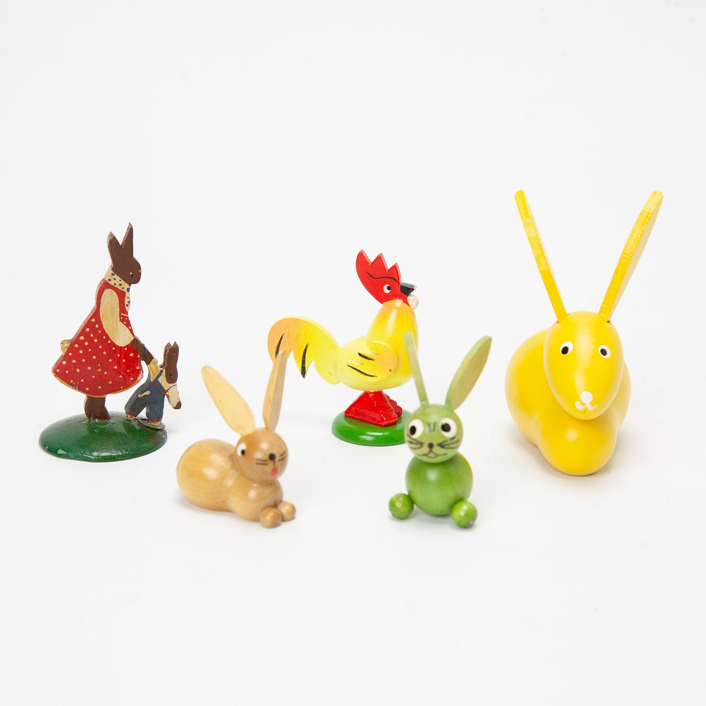 Vintage Erzgebirge Style Wood Bunny Rooster Figurines Lot 5 Folk Art