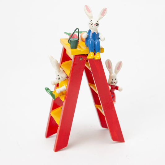 Vintage Erzgebirge Wood Easter 3 Bunnies on Ladder Figurine