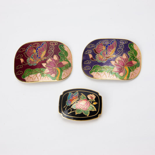 Vintage Cloisonne Enamel Butterfly Floral Belt Buckles Lot 3