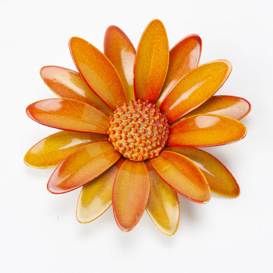 Vintage Enamel Orange Flower Power Brooch 2.25 Inch