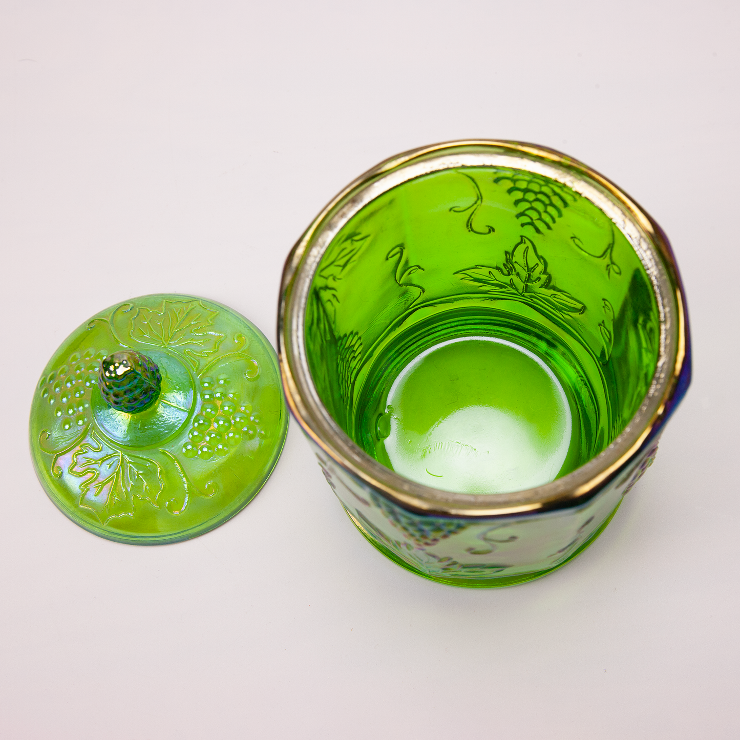 Indiana Harvest Grape Iridescent Green Glass Canister
