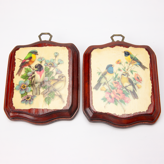 Vintage Decoupage Bird Prints Wood Wall Plaques Set of 2 Grannycore Decor