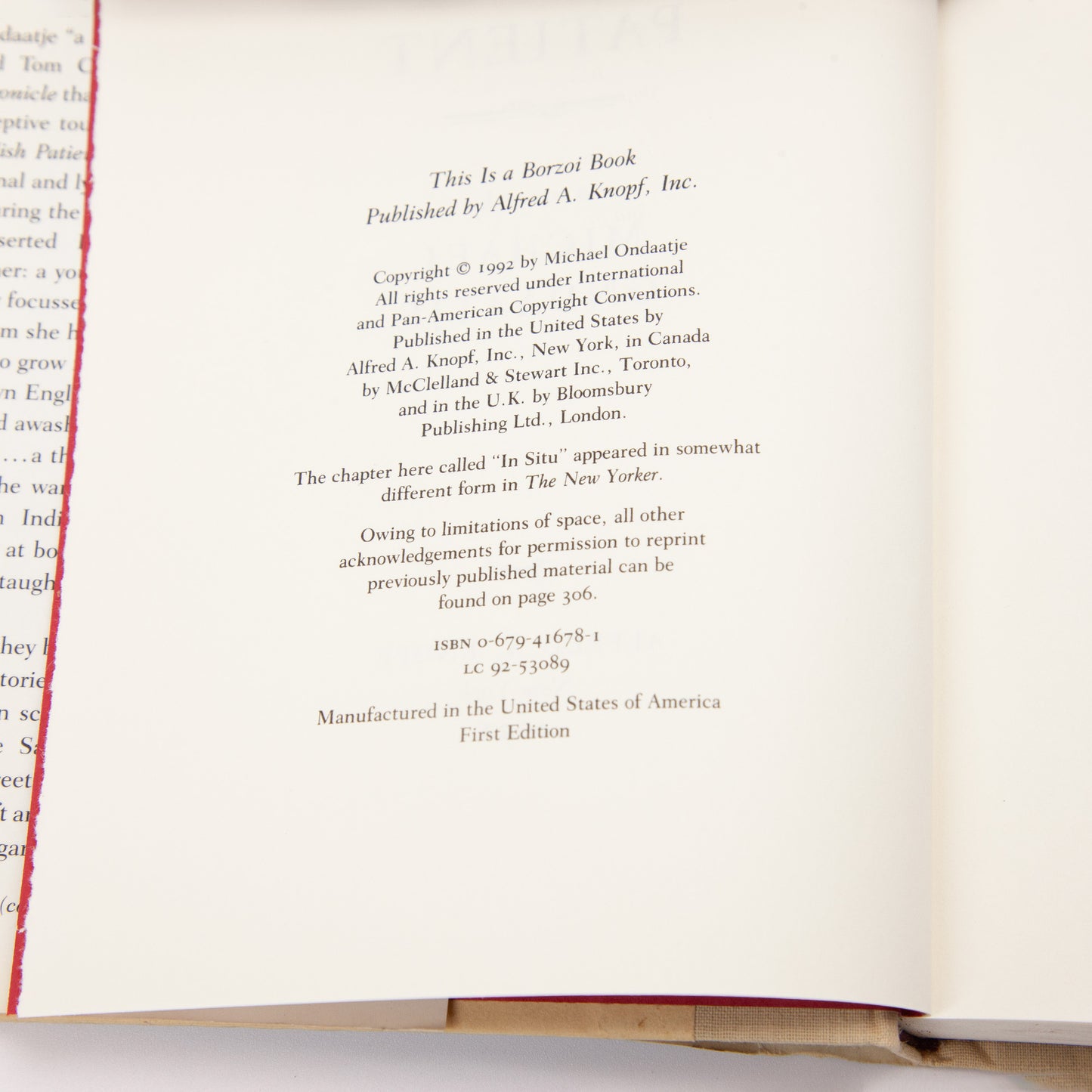 The English Patient First Edition Michael Ondaatje HCDJ
