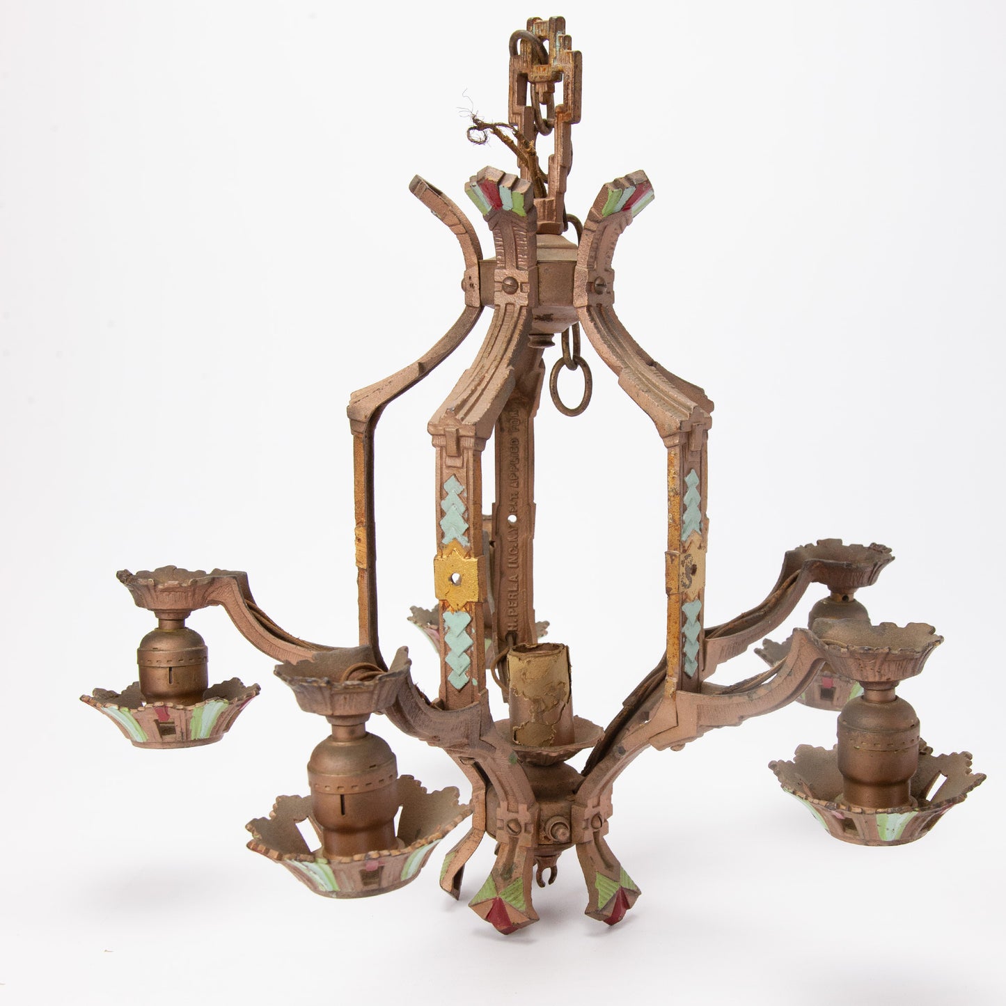Spanish Revival Art Deco Polychrome 6 Light Chandelier - Needs Rewiring