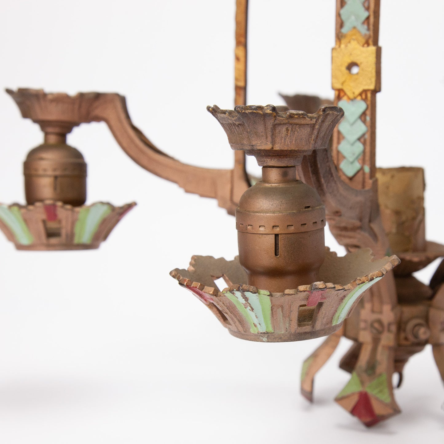 Spanish Revival Art Deco Polychrome 6 Light Chandelier - Needs Rewiring