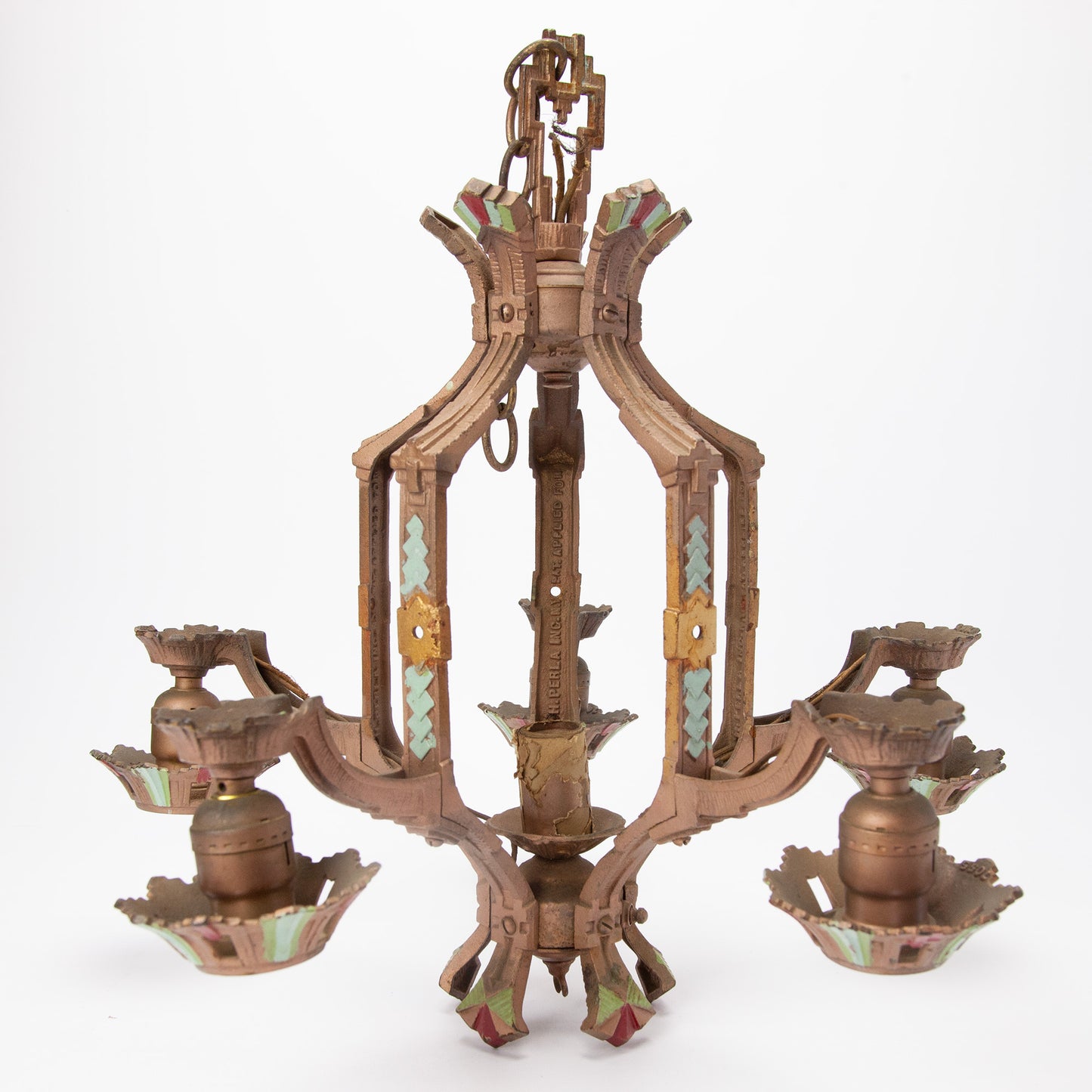 Spanish Revival Art Deco Polychrome 6 Light Chandelier - Needs Rewiring
