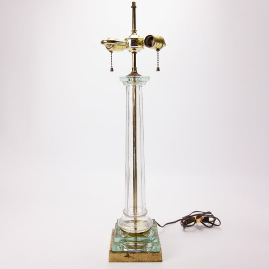 Vintage Spear Glass Column Brass Double Pull Table Lamp Hollywood Regency