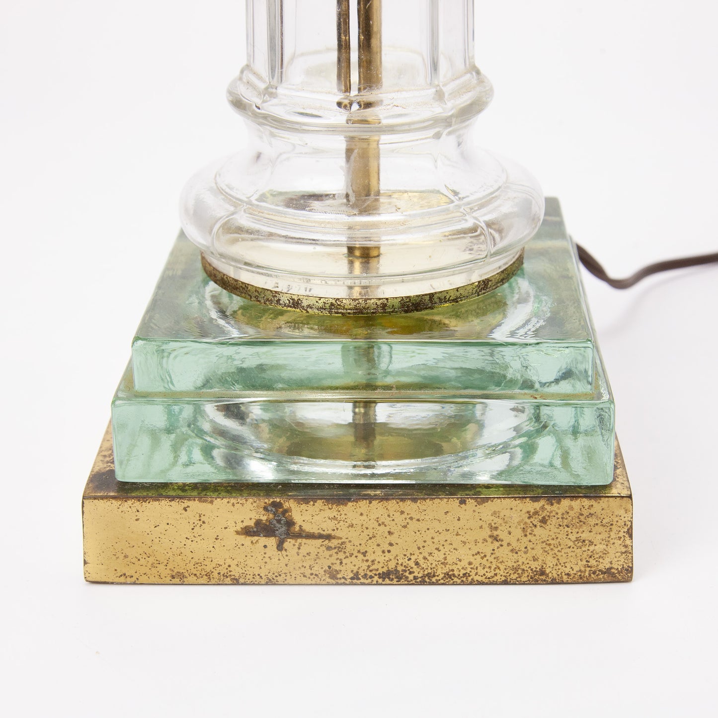 Vintage Spear Glass Column Brass Double Pull Table Lamp Hollywood Regency