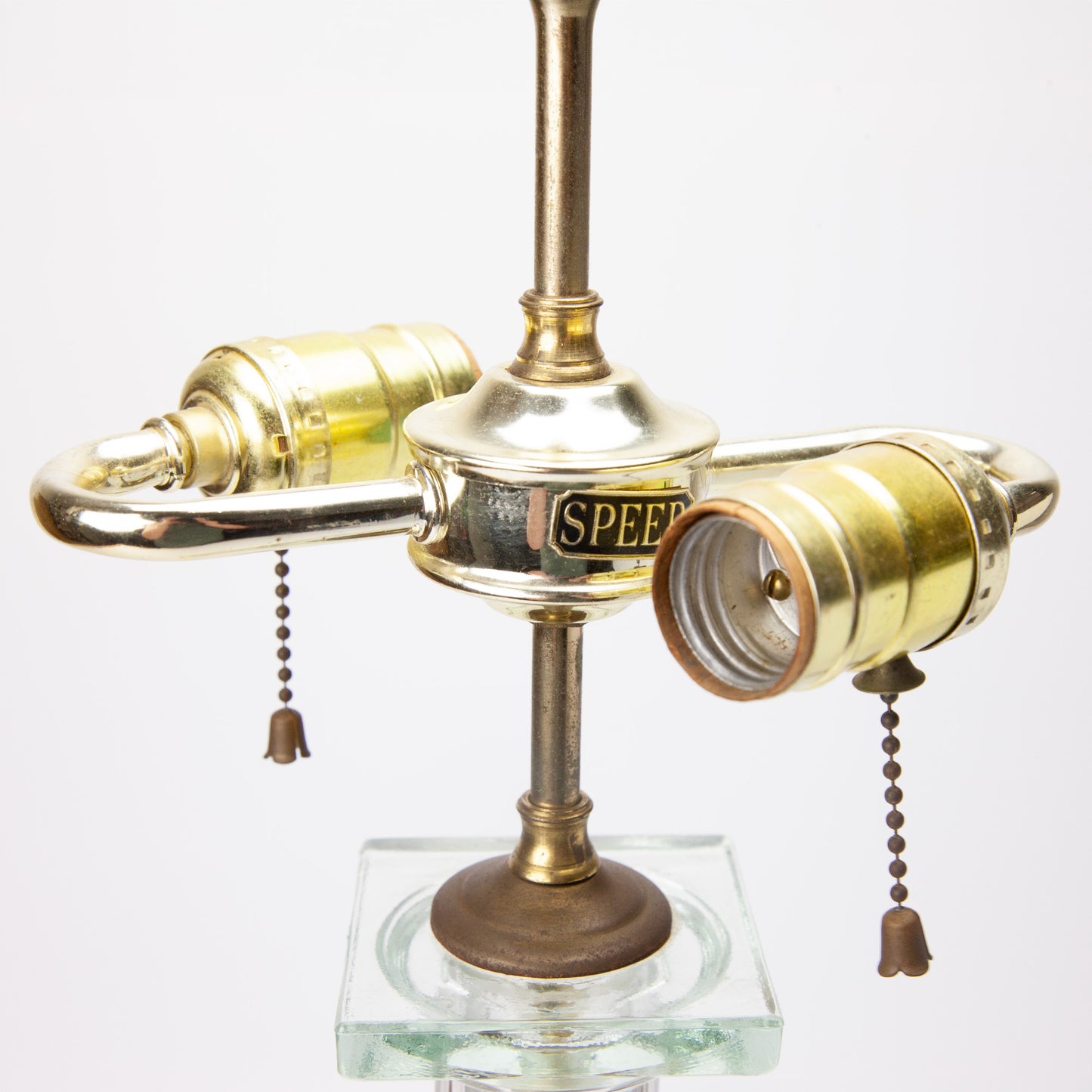 Vintage Spear Glass Column Brass Double Pull Table Lamp Hollywood Regency