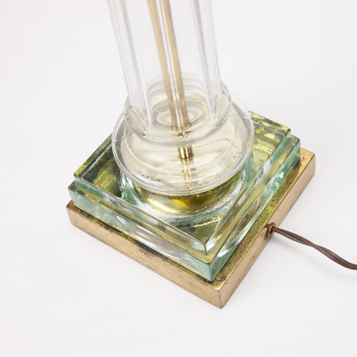 Vintage Spear Glass Column Brass Double Pull Table Lamp Hollywood Regency