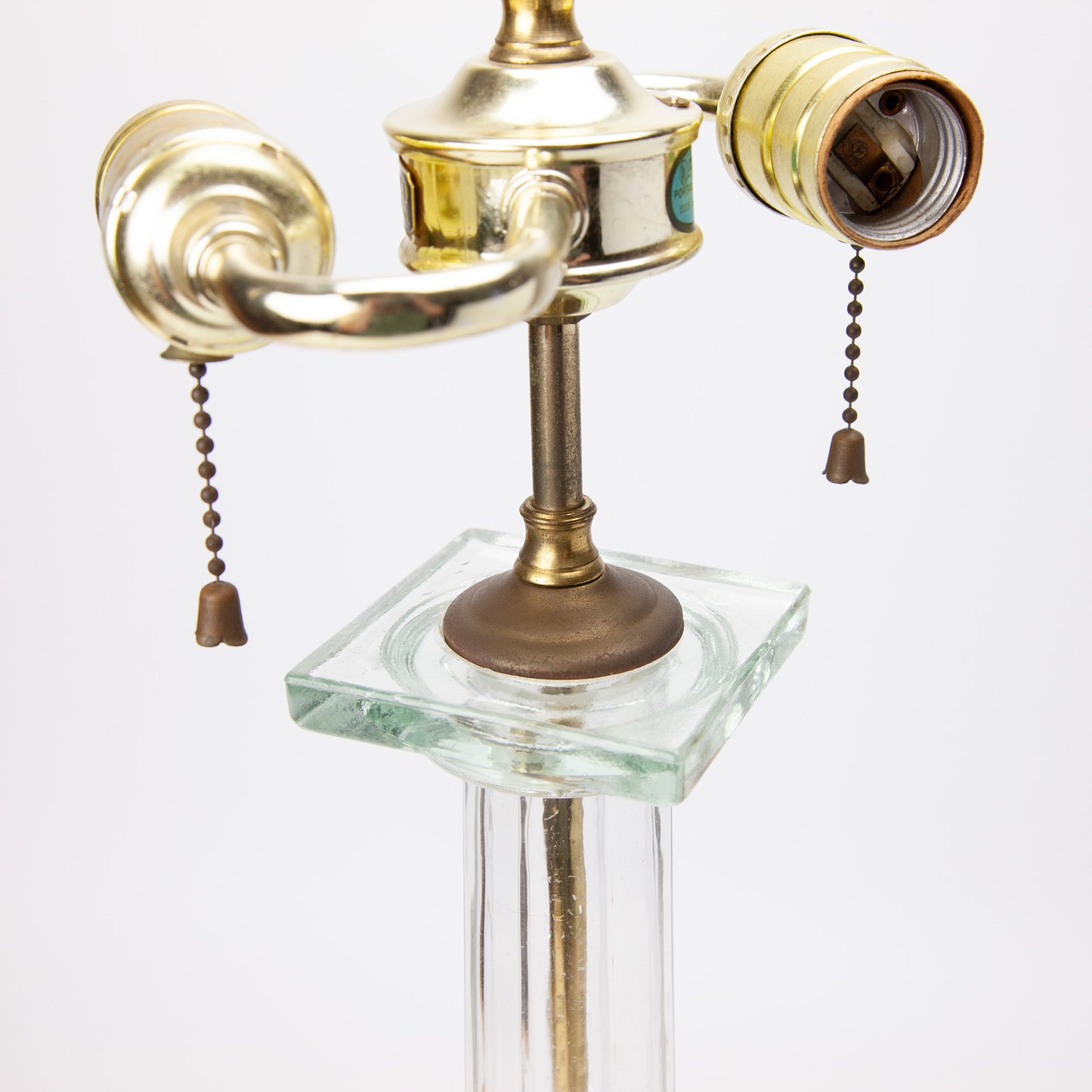 Vintage Spear Glass Column Brass Double Pull Table Lamp Hollywood Regency