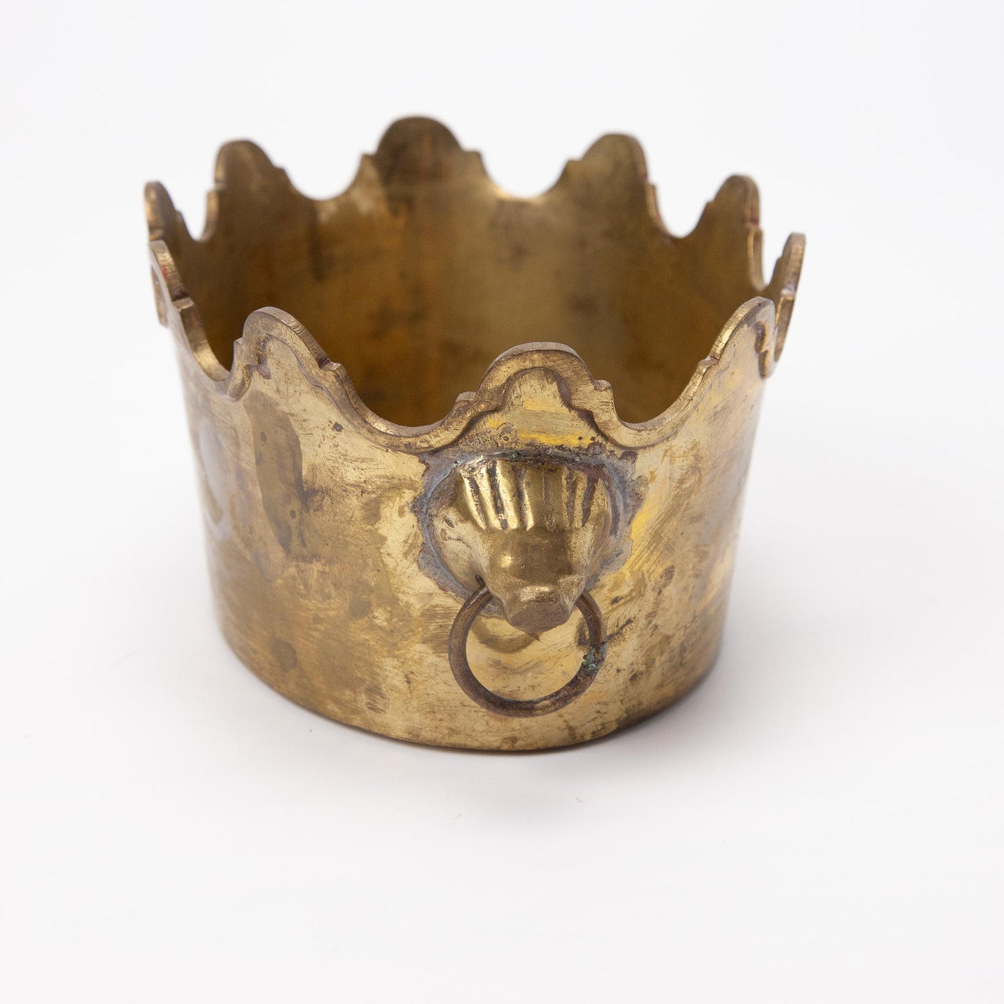 Vintage Brass Scalloped Cache Pot Lion Head Planter