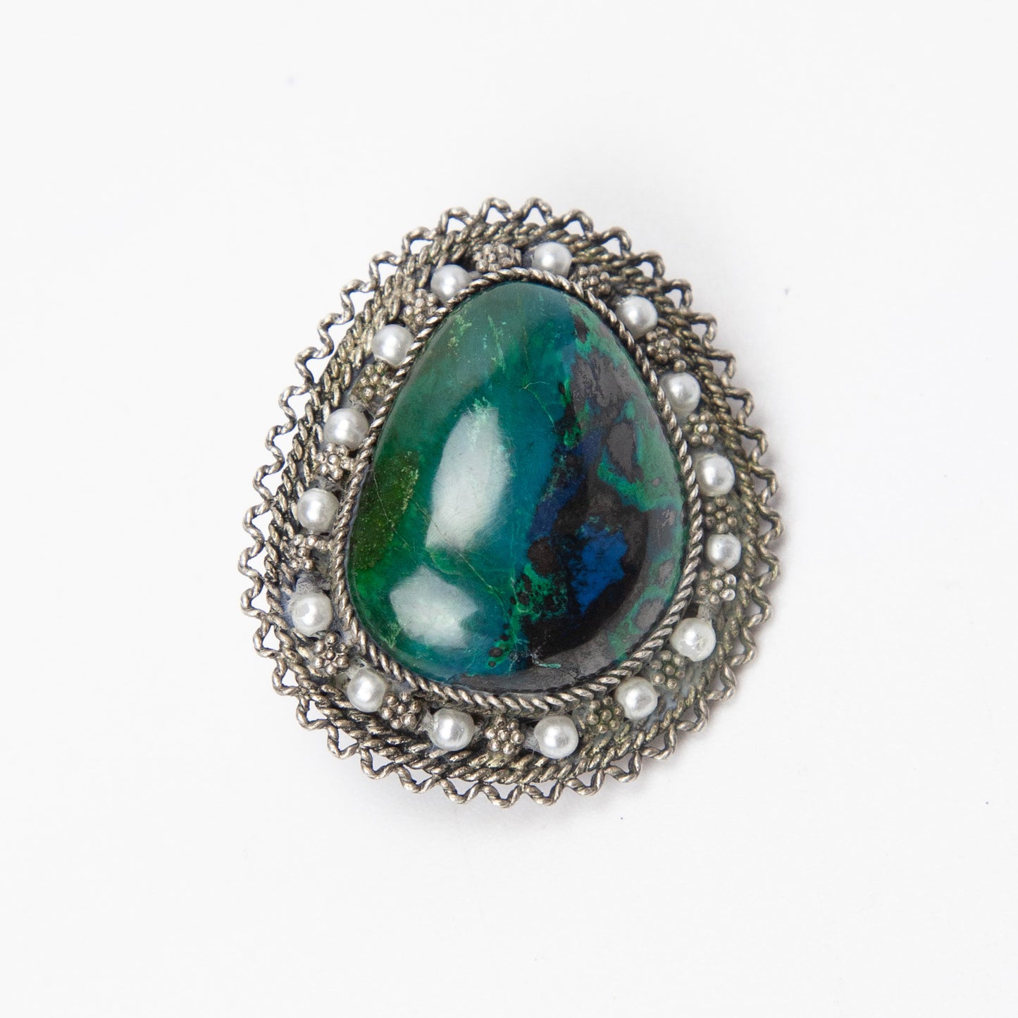 Vintage 925 Sterling Silver Green Cabochon Faux Pearl Filigree Brooch Pin