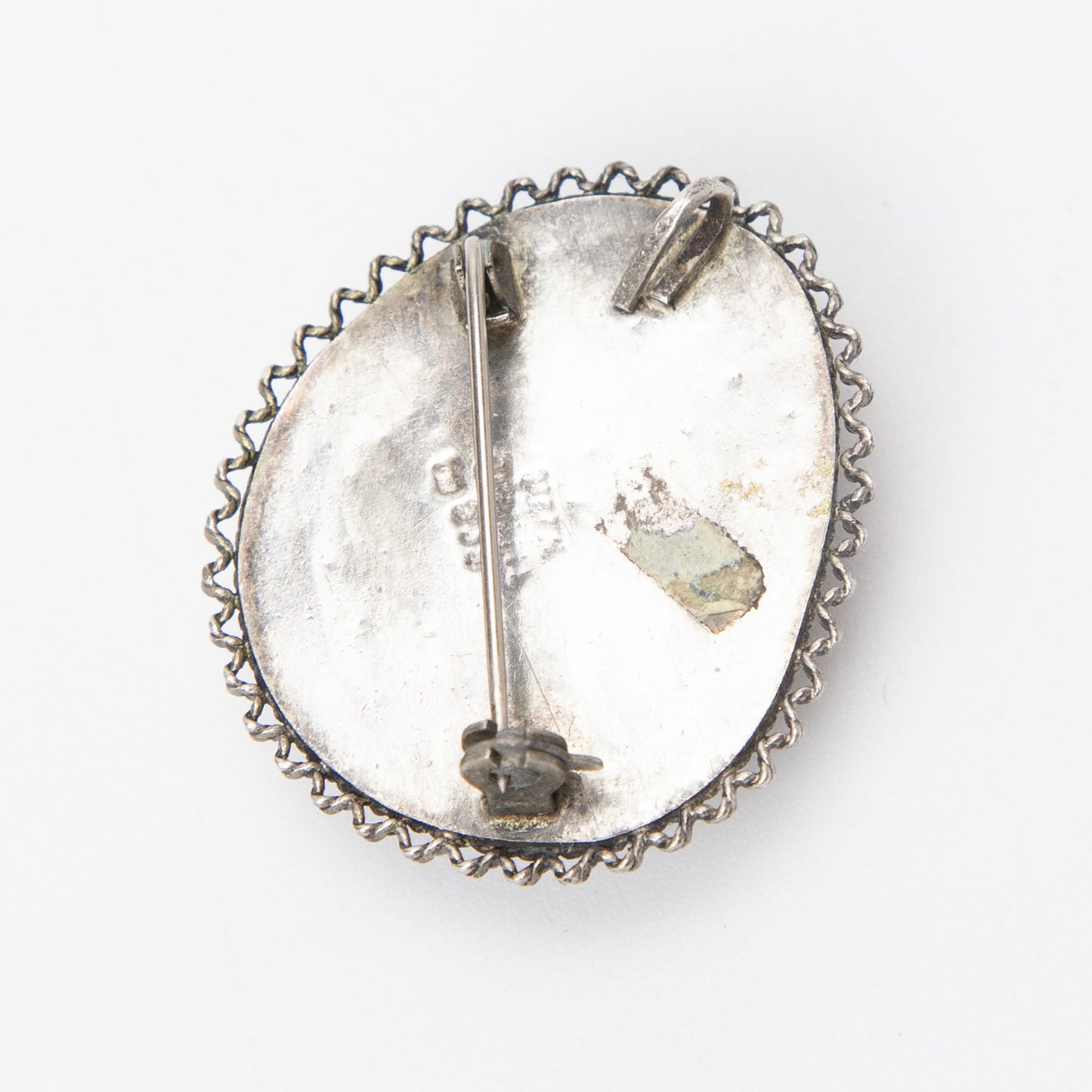 Vintage 925 Sterling Silver Green Cabochon Faux Pearl Filigree Brooch Pin