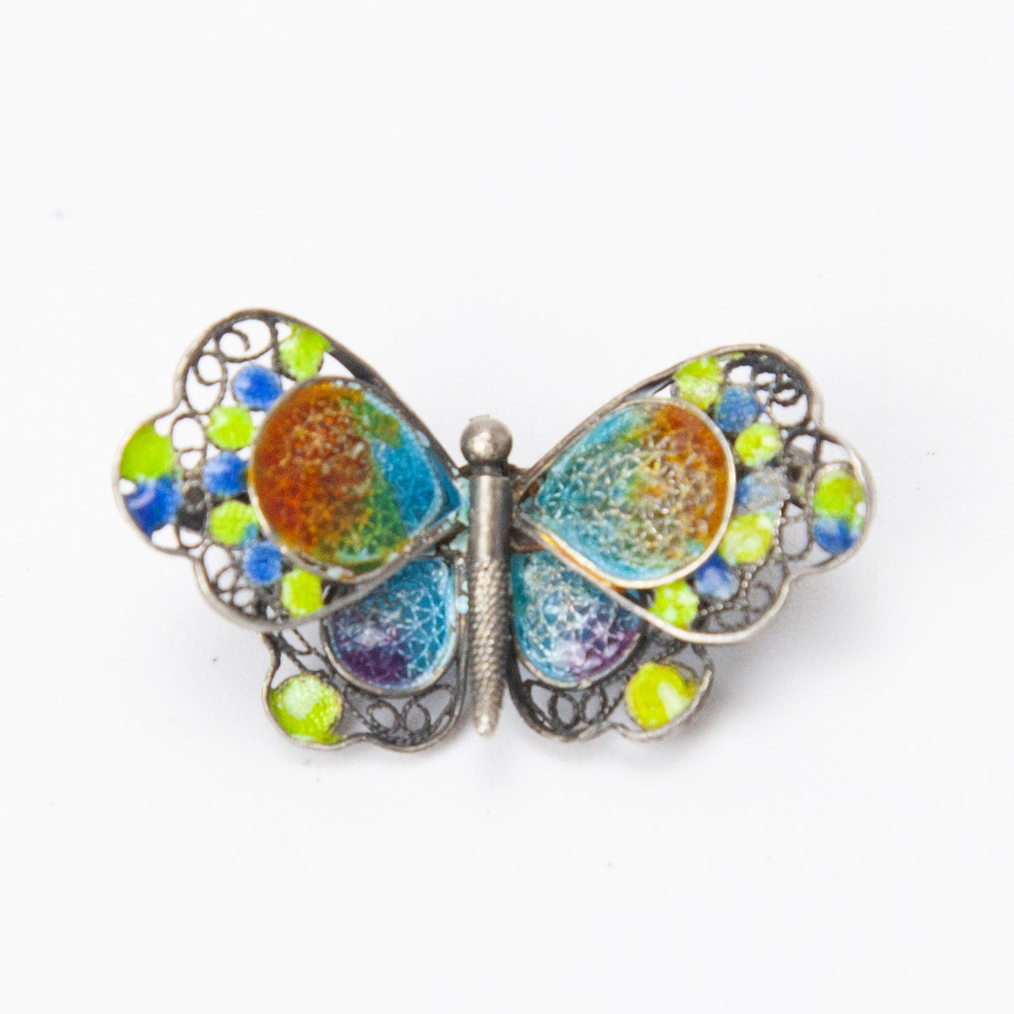 Vintage 800 Silver Filigree Enamel Butterfly Brooch Pin 1 1/8 Inch