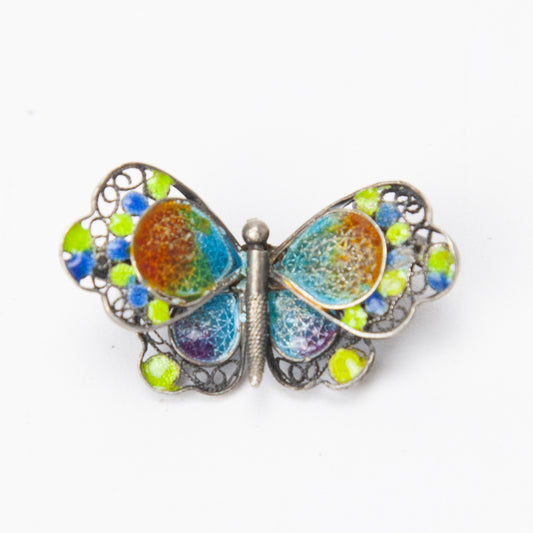 Vintage 800 Silver Filigree Enamel Butterfly Brooch Pin 1 1/8 Inch