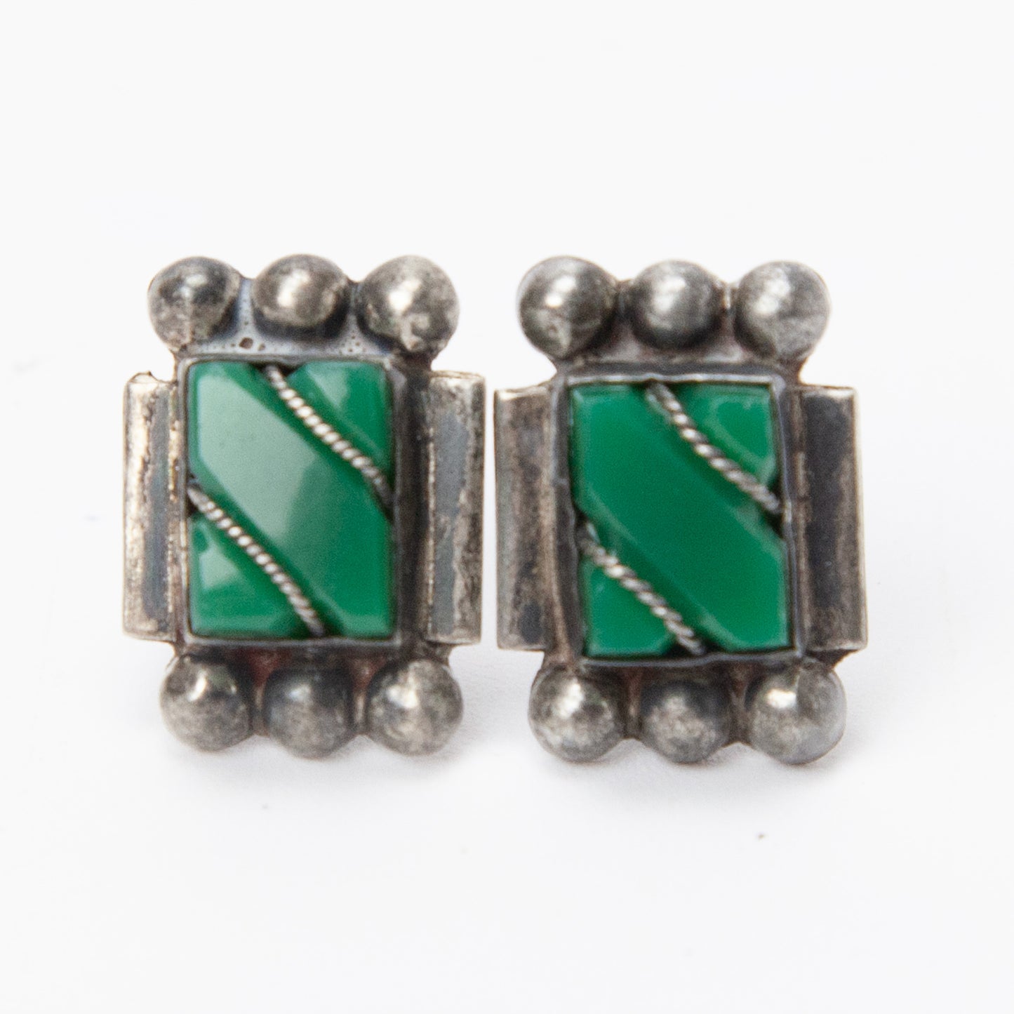 Mid Century 925 Sterling Silver Mexico Green Onyx Rectangular Screw Back Earrings