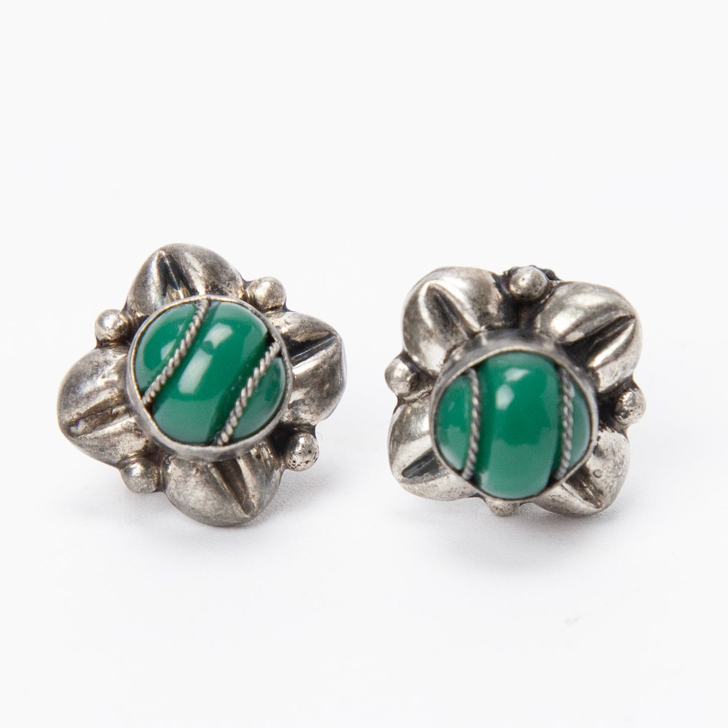 Mid Century Mexico Sterling Silver Green Onyx Floral Screw Back Earrings