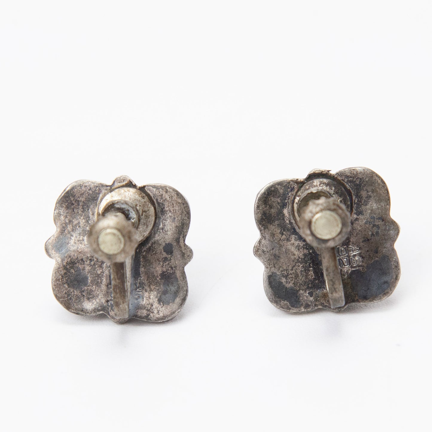 Mid Century Mexico Sterling Silver Green Onyx Floral Screw Back Earrings