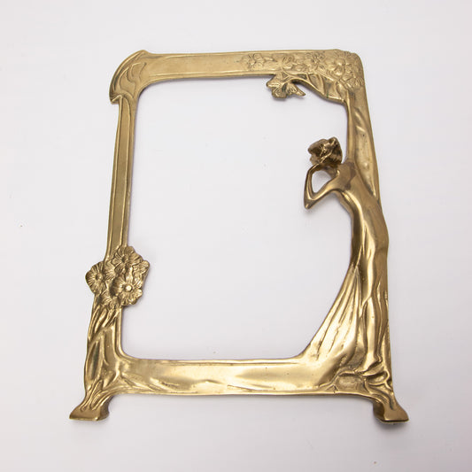 Vintage Art Nouveau Brass Lady Floral Picture Frame 8x10