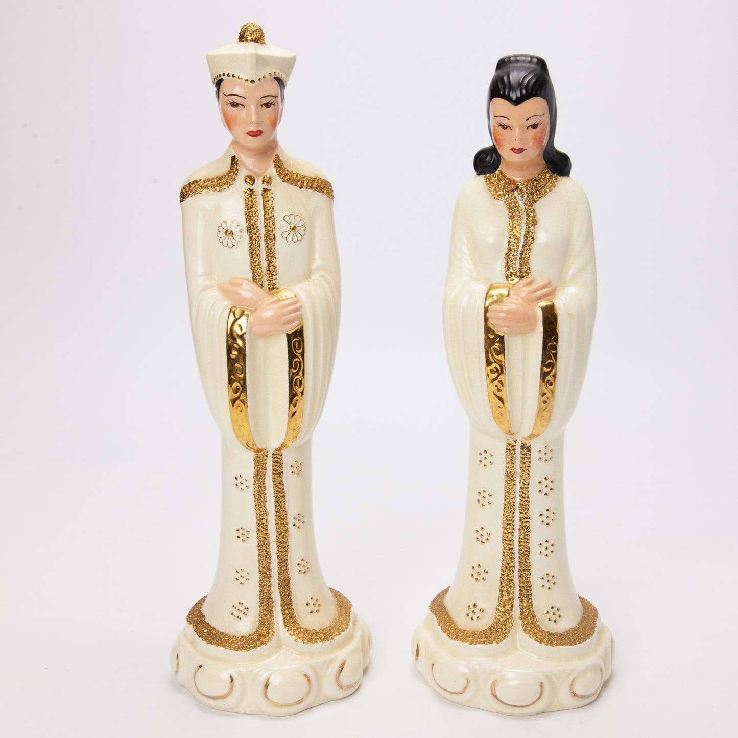 1950s Asian Emperor Empress Ceramic Figurines Pair 14"