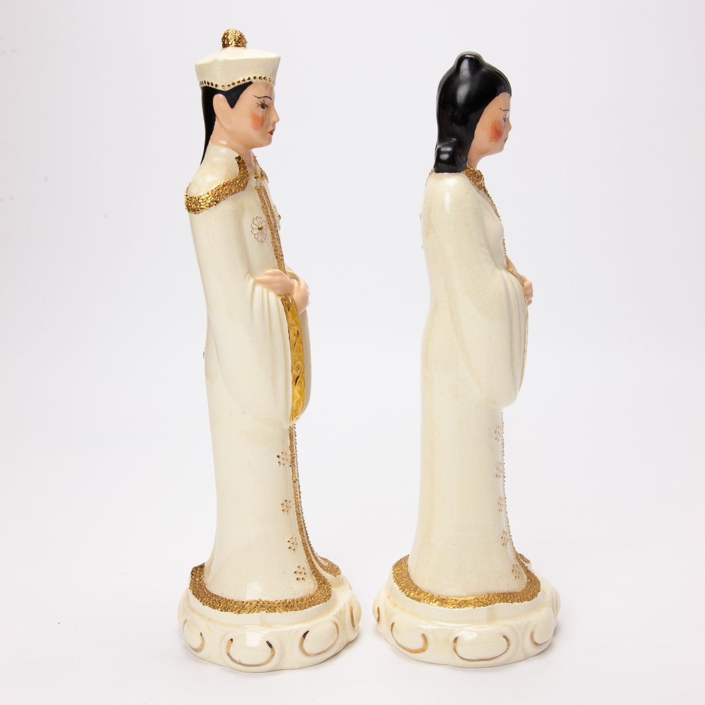 1950s Asian Emperor Empress Ceramic Figurines Pair 14"