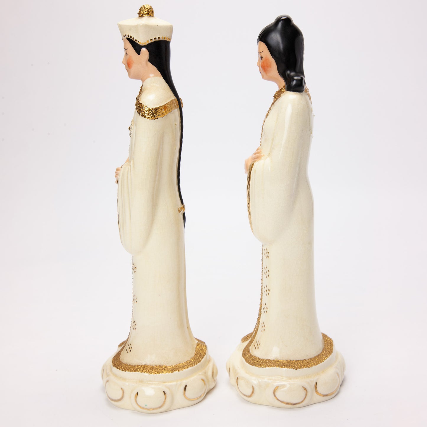 1950s Asian Emperor Empress Ceramic Figurines Pair 14"