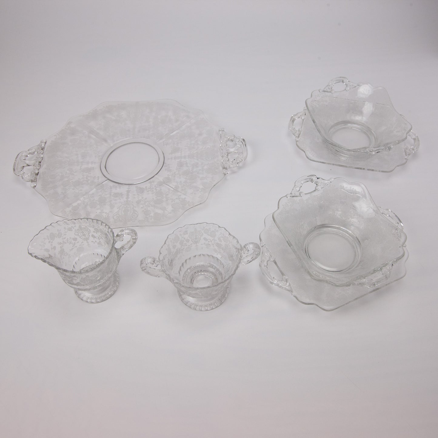 Cambridge Rose Point Etched Crystal Sugar Creamer & Serving Set of 8