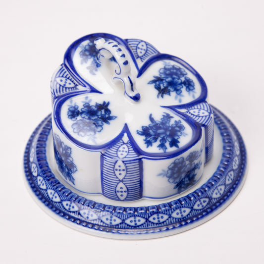 Vintage Limoges China Blue White Cheese Keeper Butter Dome Porcelain