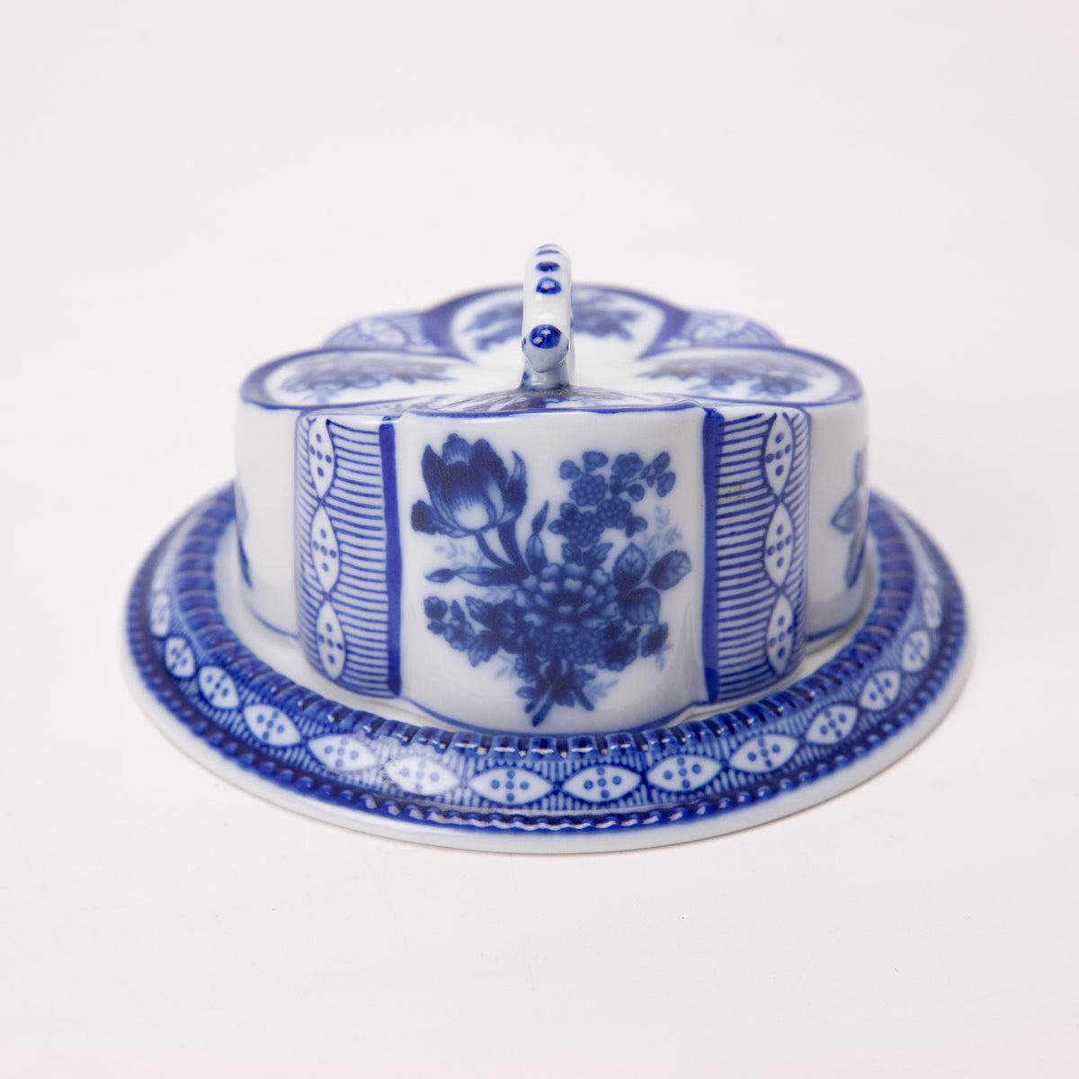 Vintage Limoges China Blue White Cheese Keeper Butter Dome Porcelain