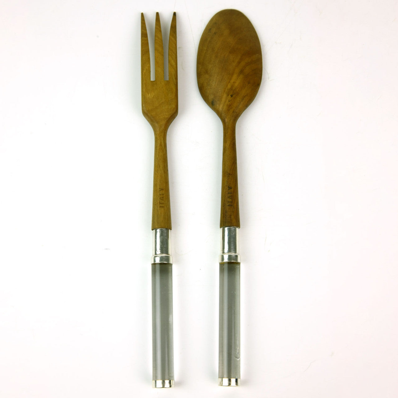 MCM Teak and Lucite Salad Serving Set with Silver-Plated Detailing