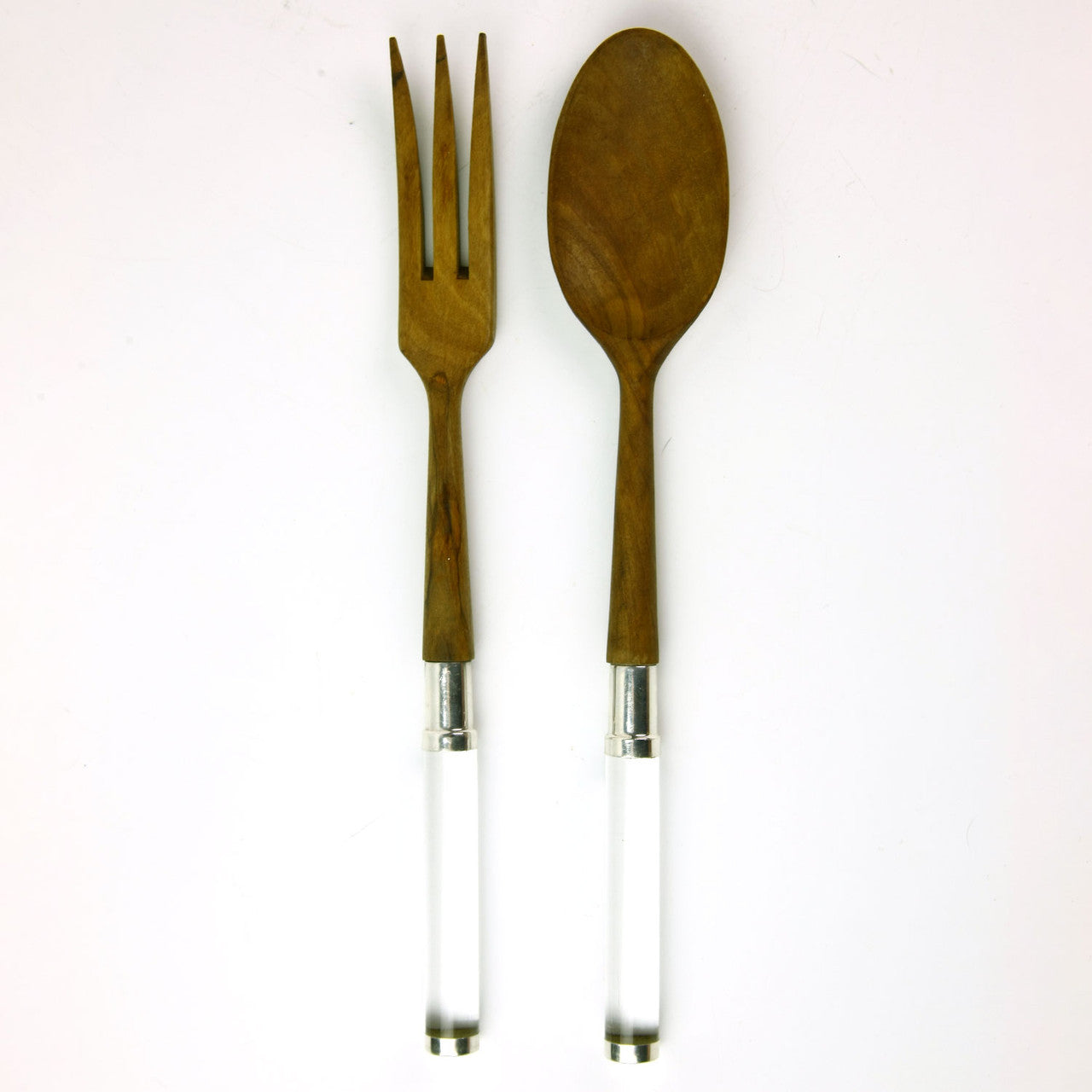 MCM Teak and Lucite Salad Serving Set with Silver-Plated Detailing