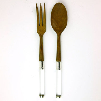 MCM Teak and Lucite Salad Serving Set with Silver-Plated Detailing