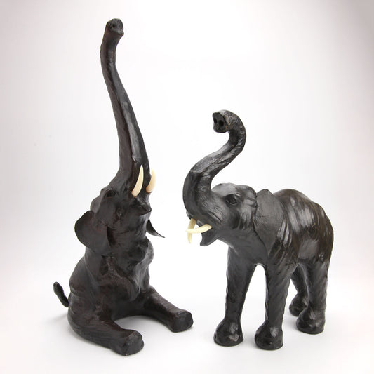 2 Vintage Leather Wrapped Paper Mache Elephant Figures with Leather Ears