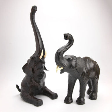 2 Vintage Leather Wrapped Paper Mache Elephant Figures with Leather Ears