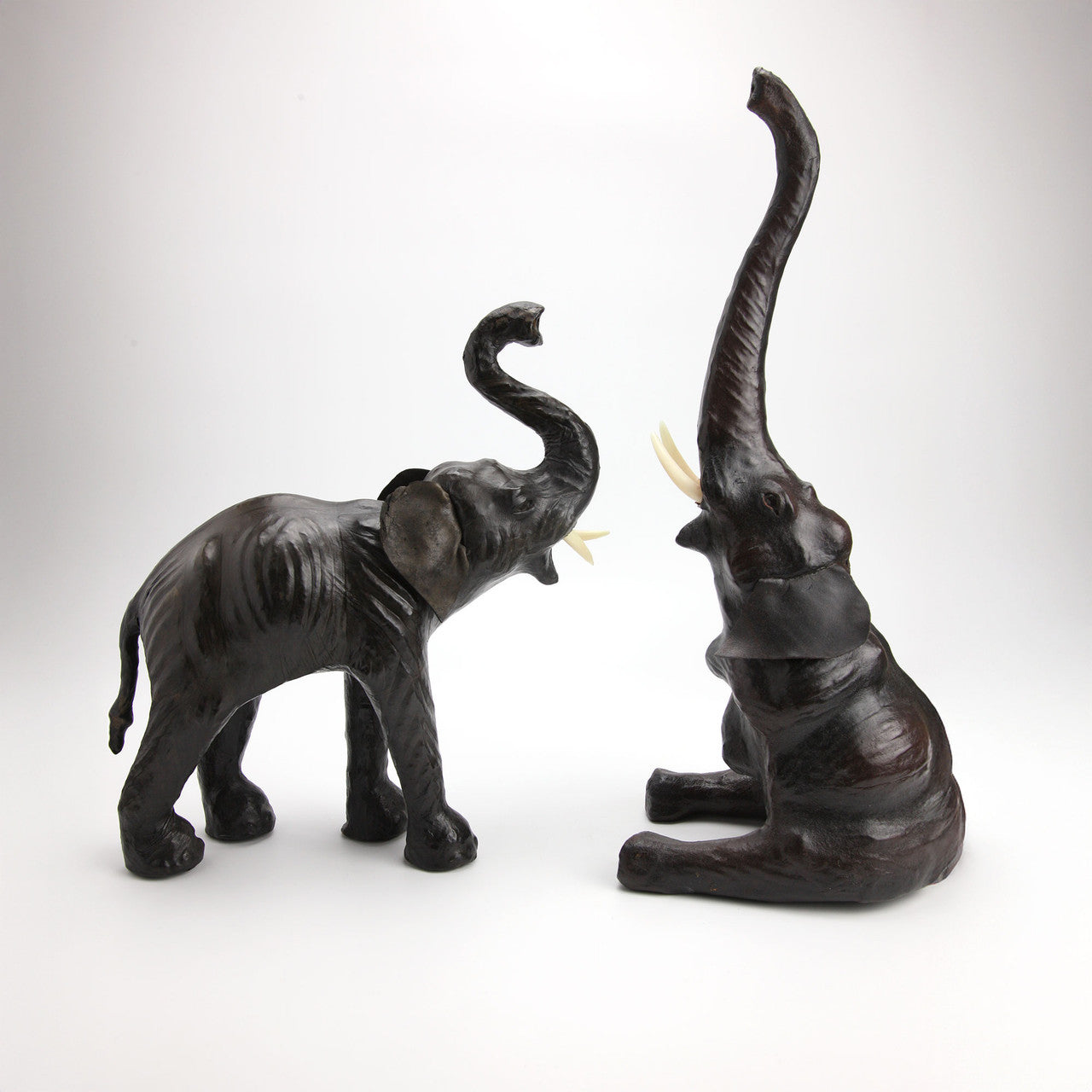 2 Vintage Leather Wrapped Paper Mache Elephant Figures with Leather Ears