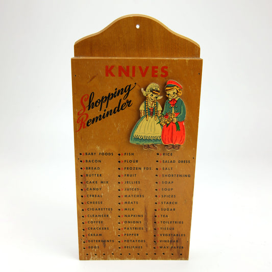 Vintage 1960s Wooden Kitchen Shopping Reminder Knife Holder Block