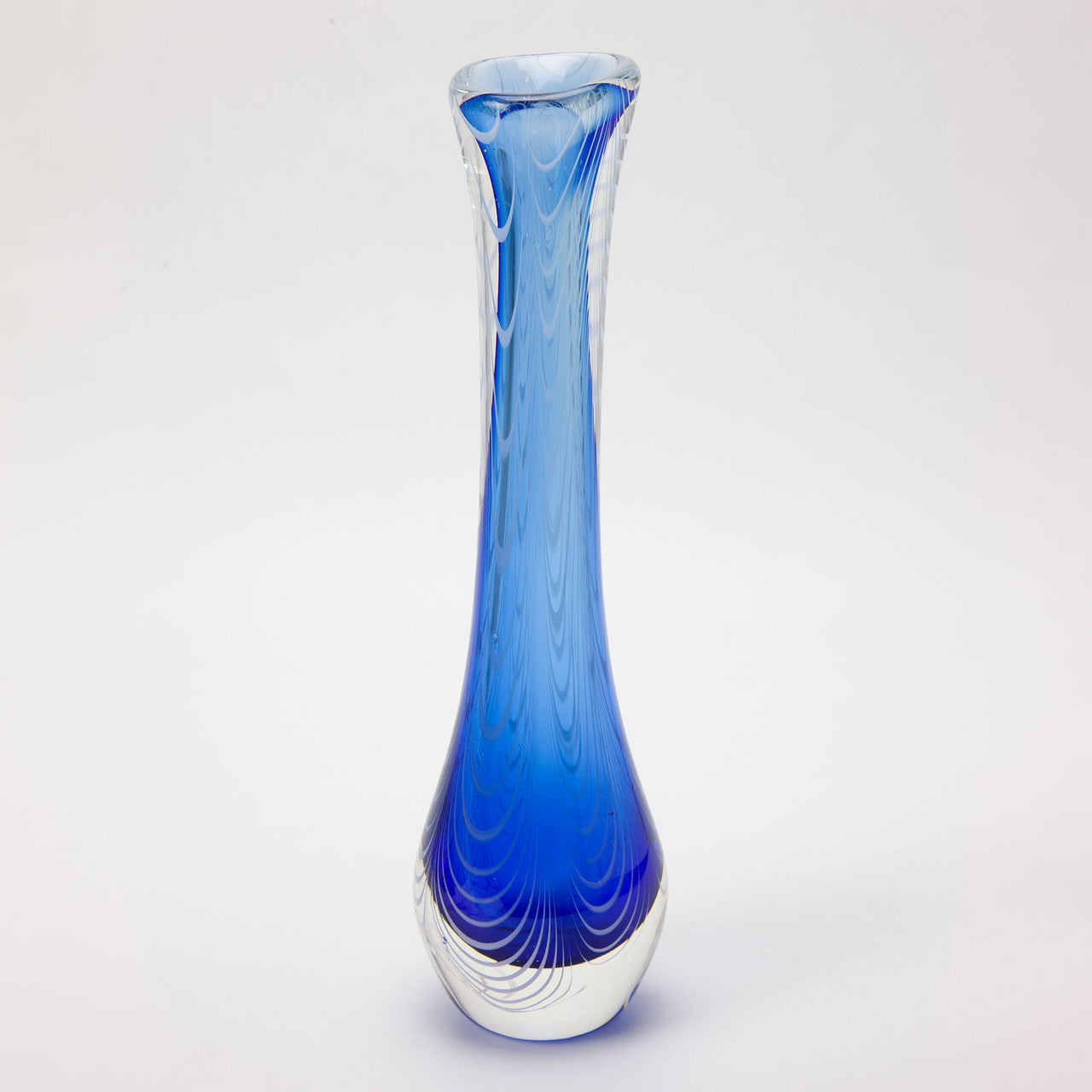 Harv Harris Signed 12in Blue Feathered Art Glass Vase Hand Blown