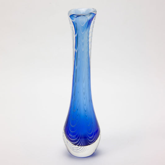 Harv Harris Signed 12in Blue Feathered Art Glass Vase Hand Blown