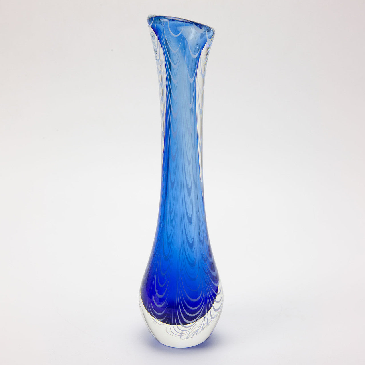 Harv Harris Signed 12in Blue Feathered Art Glass Vase Hand Blown