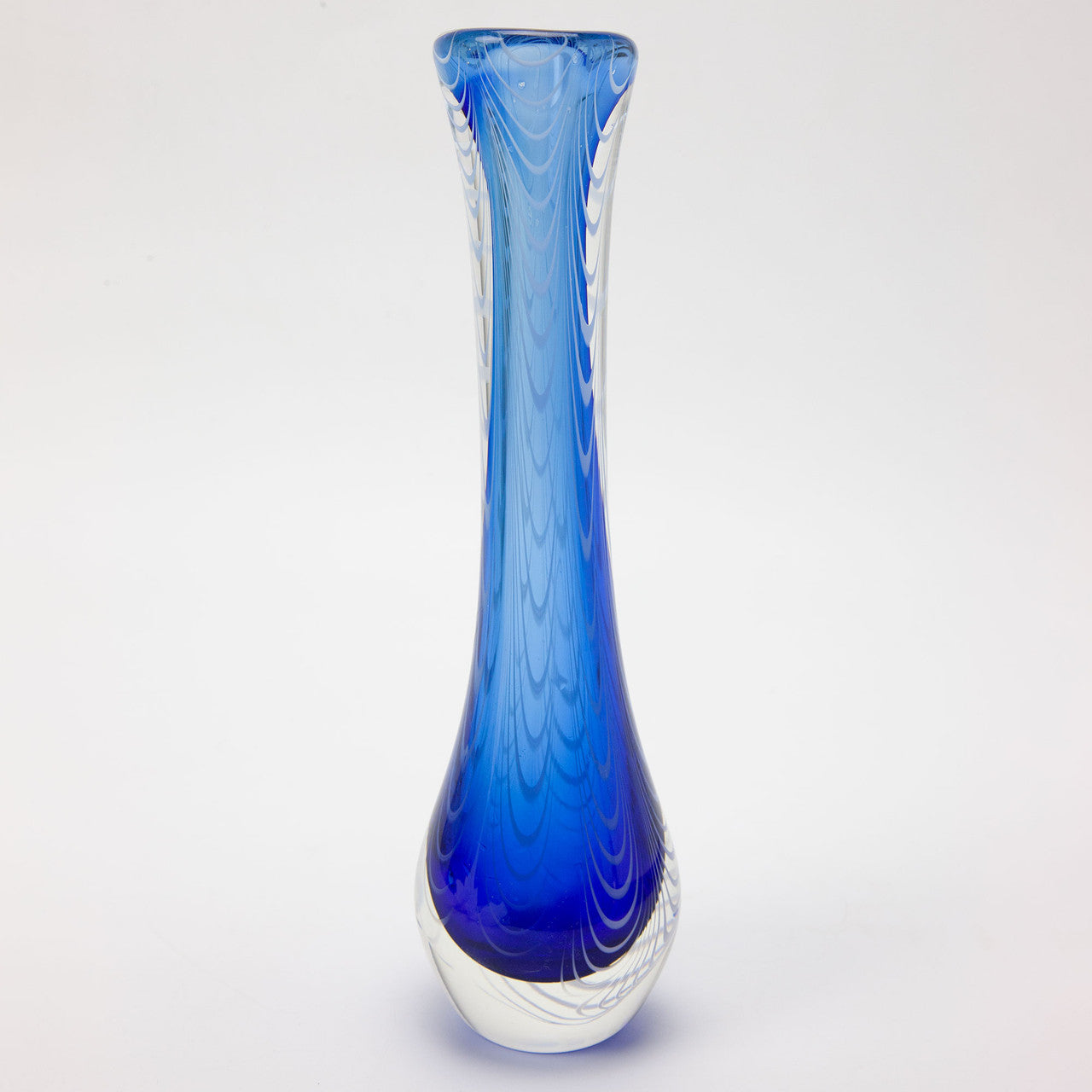 Harv Harris Signed 12in Blue Feathered Art Glass Vase Hand Blown
