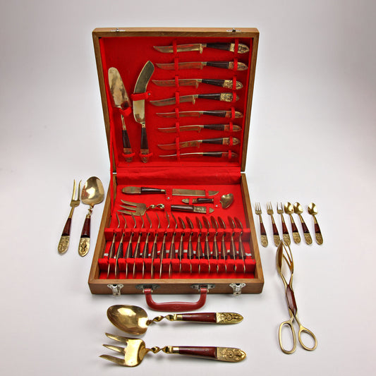 Vintage Siam Thailand Flatware Set - Brass & Teak 40-Piece