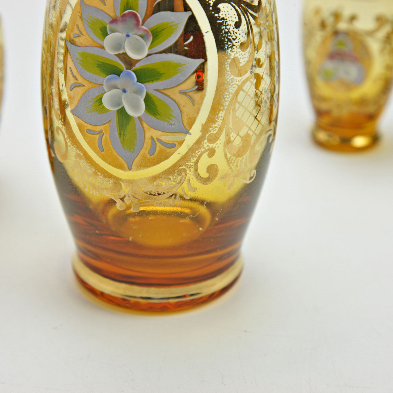 Bohemian Czech Amber Glass Decanter & 6 Cordial Glasses Gilt Floral