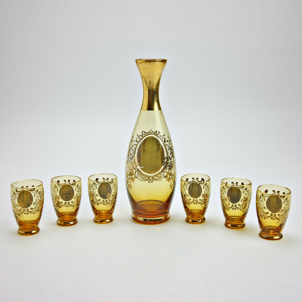 Bohemian Czech Amber Glass Decanter & 6 Cordial Glasses Gilt Floral